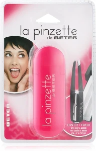 Beter Пинцет для удаления волос с косыми кончиками, с подсветкой и зеркальцем, розовый La Pinzette