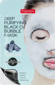 Purederm Глибоко очищувальна киснева маска для обличчя, з деревним вугіллям Deep Purifying Black O2 Bubble Charcoal