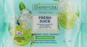 Bielenda Вологі серветки для зняття макіяжу "Лайм" Fresh Juice Micelar Make-up Removing Wipes